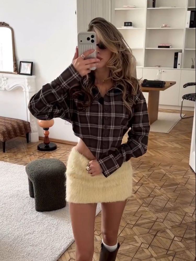 Women Chic Brown Plaid Check S - Mens Linen Shirt Long Sleeve recension och pris