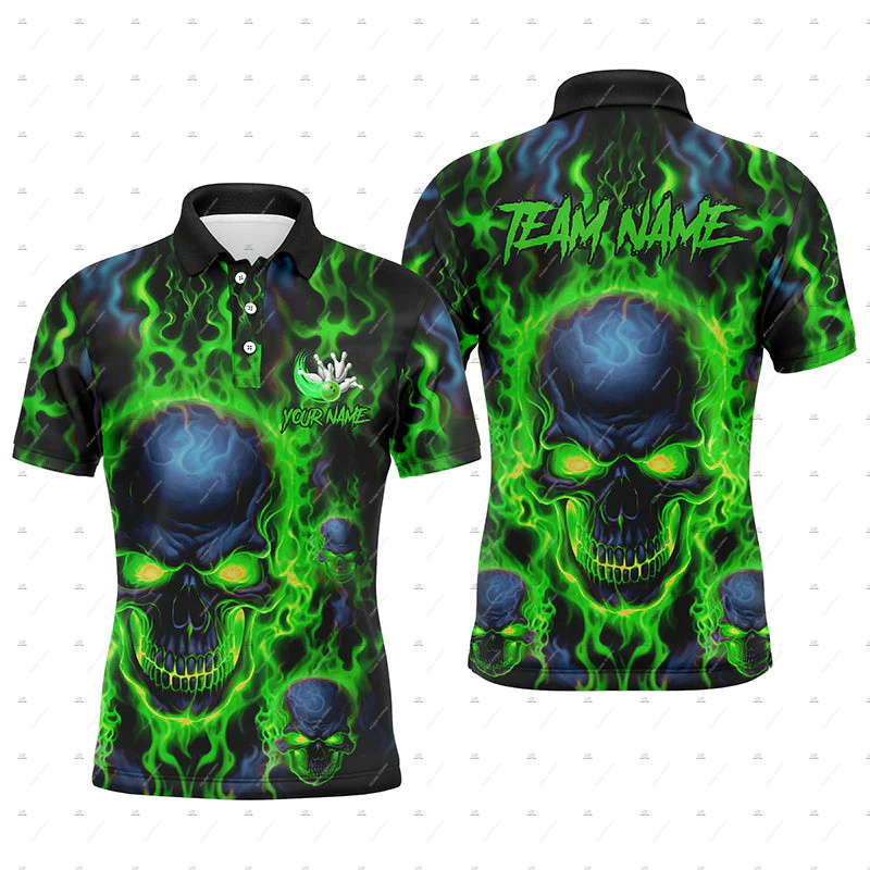 Custom Name Bowling Skull Flam - Short Sleeve Bowling Shirt Retro recension och pris