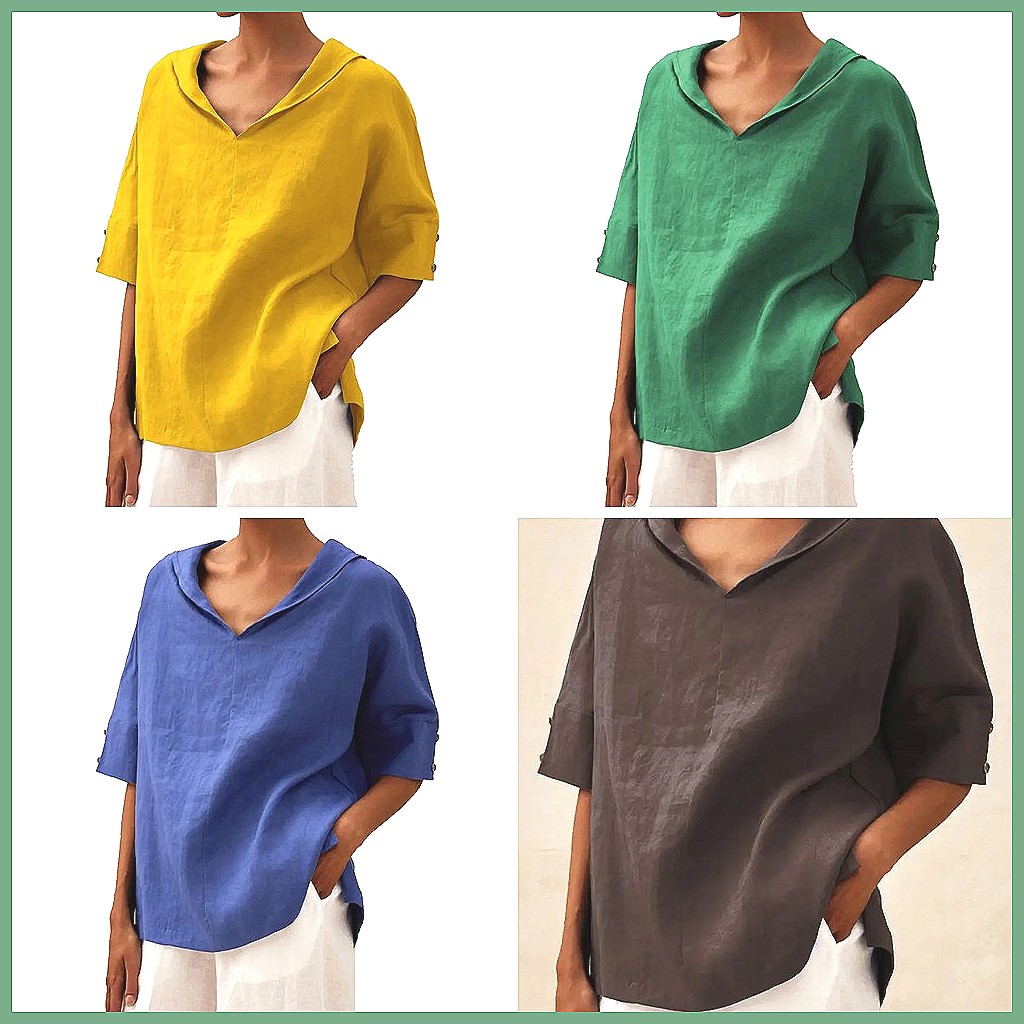 Women's Loose V-Neck Cotton Li - Shirts recension och pris