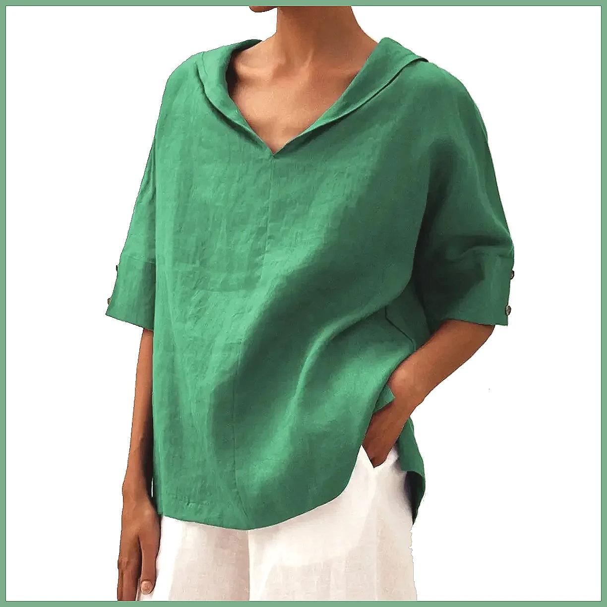 Women's Loose V-Neck Cotton Li - Shirts recension och pris