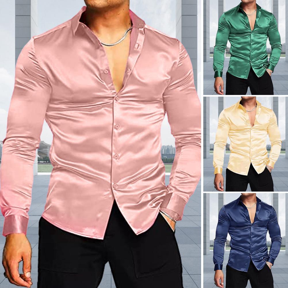 Stylish Men Shiny Silk Like Sa - Mens Satin Silk Dress Shirt recension och pris